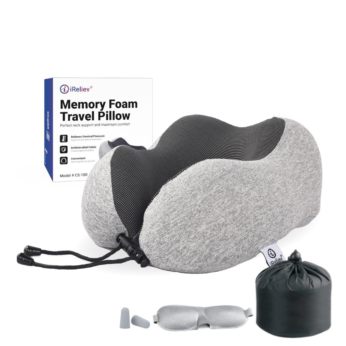 iReliev memory foam travel pillow curved to cradle the neck, shown from the side — view 2