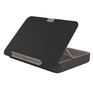Dataflex Bento ergonomic laptop stand raising a laptop to eye level on a tidy desk