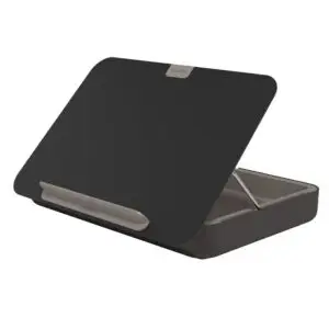 Dataflex Bento ergonomic laptop stand raising a laptop to eye level on a tidy desk