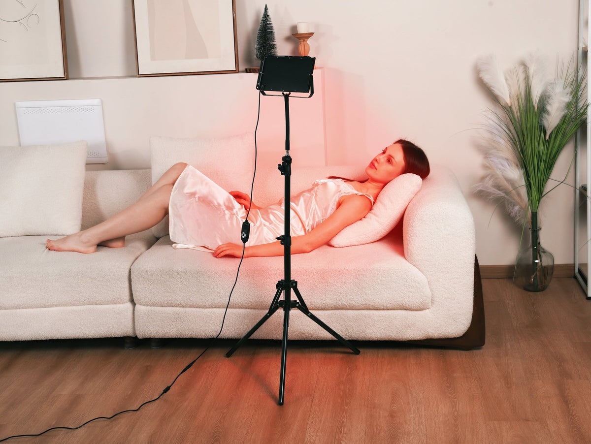 Lumy Health red light therapy lamp panel mounted on an adjustable floor stand — view 3