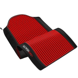 Lumy Health red light therapy mat laid flat, showing the padded neck support and glowing full-body panel