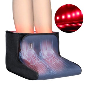 Leather red light therapy boot by Lumy Health worn on a foot, with control settings visible