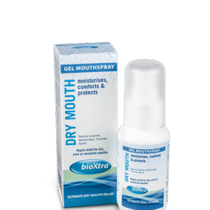 BioXtra Dry Mouth Gel Mouthspray 50 ml spray bottle next to its box