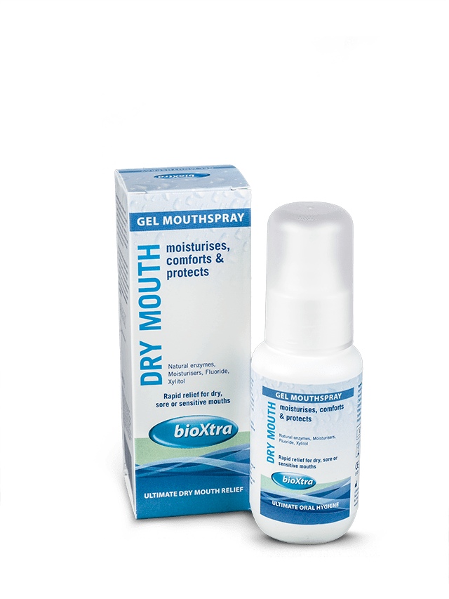 BioXtra Dry Mouth Gel Mouthspray 50 ml spray bottle next to its box