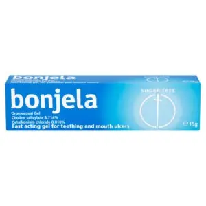 Medijel 15g mouth ulcer gel tube beside its box on a plain background