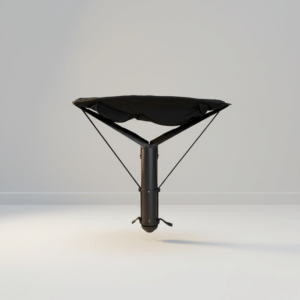 Sitpack ZEN X portable folding stool in all black, shown folded and set up for sitting