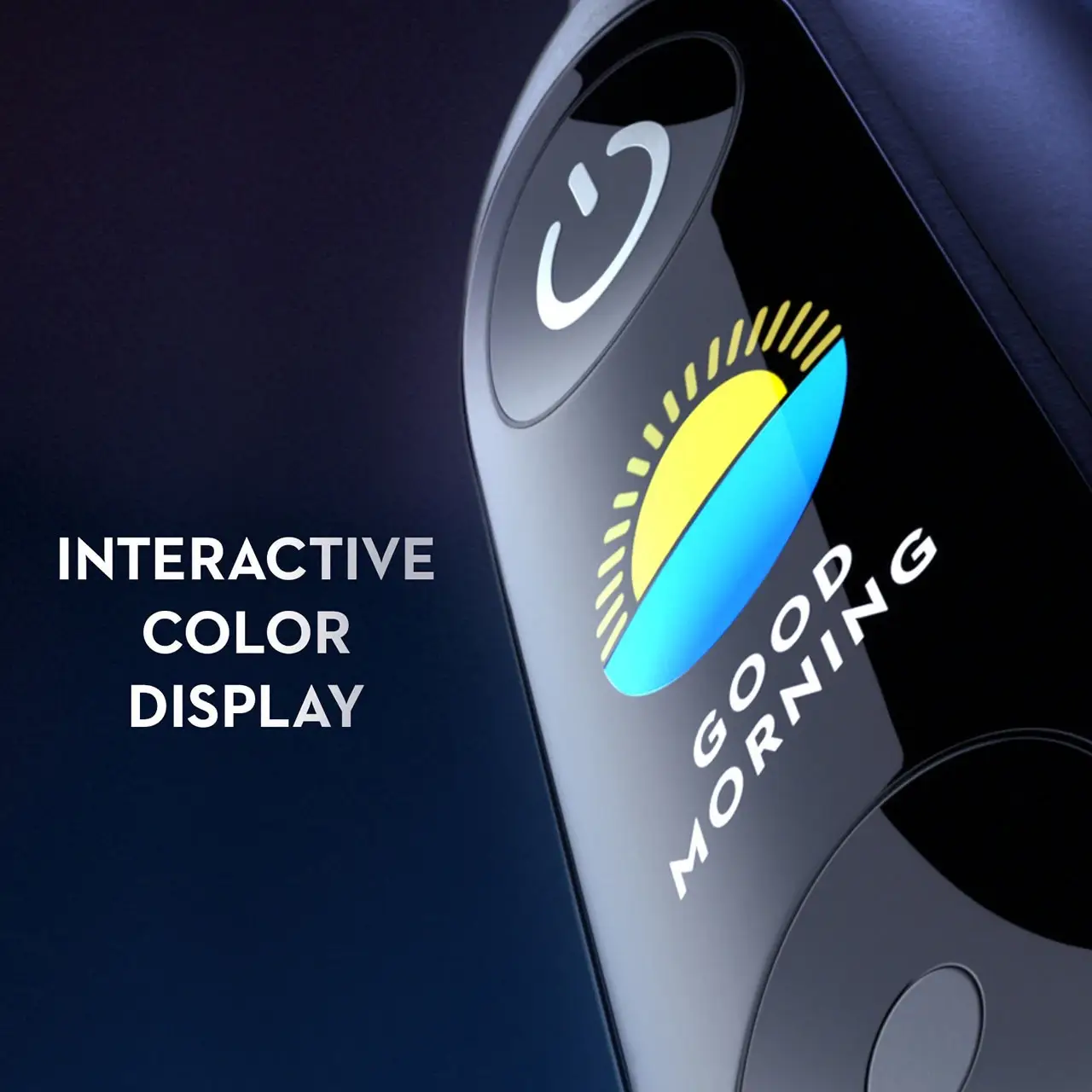 Close-up of the Oral-B iO Series 9 handle colour display showing a good-morning greeting
