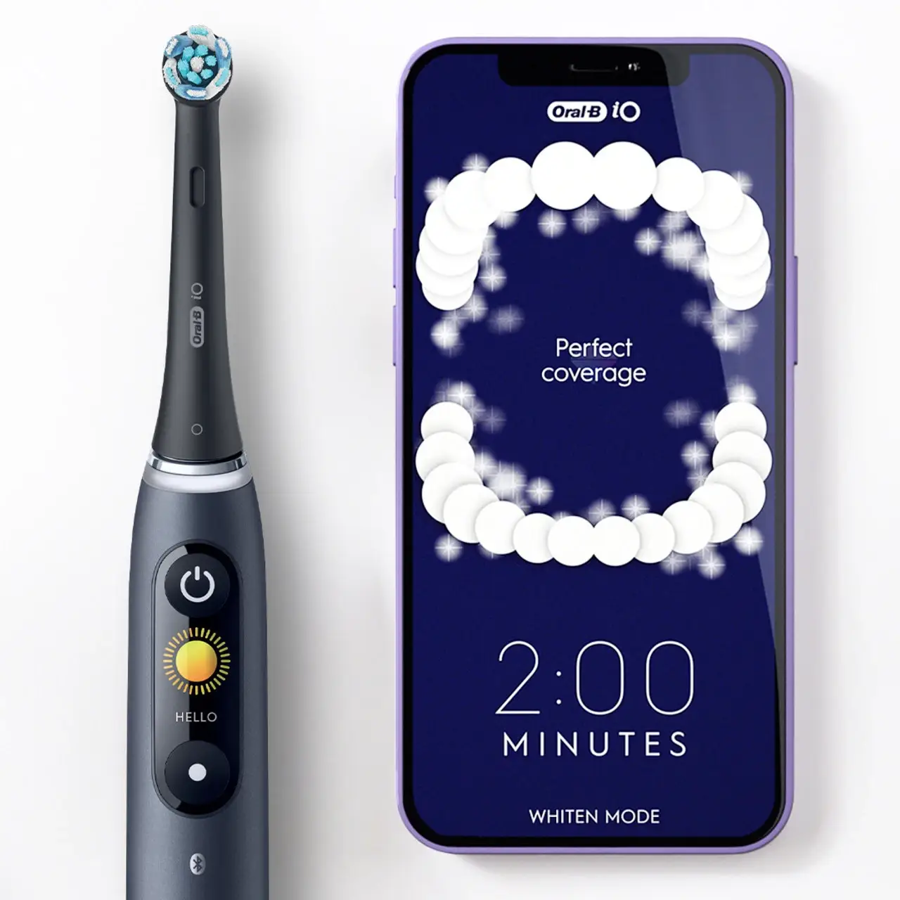 Oral-B iO Series 9 toothbrush next to a phone showing the Oral-B app brushing coverage map and 2:00 timer