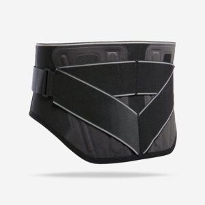 Black Decathlon lumbar support belt with adjustable straps, shown flat from the front