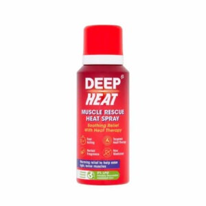 Deep Heat 72.5ml muscle pain relief spray aerosol can with red and white label