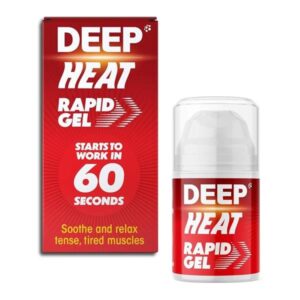 Deep Heat Rapid Gel 50ml pump bottle, a warming muscle gel for sports recovery