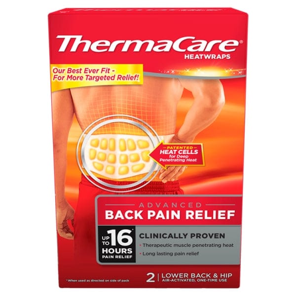 ThermaCare lower back heat wraps pack of 2 box with a shaped single-use wrap