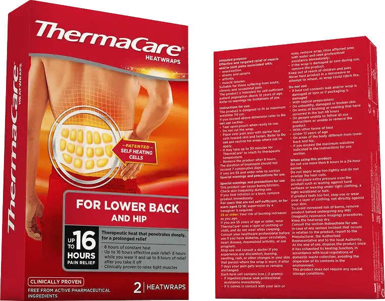 ThermaCare lower back heat wraps pack of 2 box with a shaped single-use wrap — view 2
