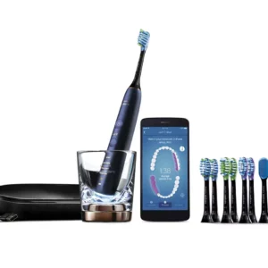 Philips Sonicare DiamondClean Smart 9700 in Lunar Blue with charging glass, travel case, app screen and brush heads