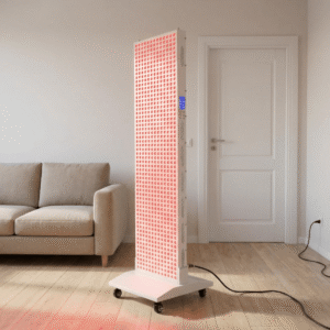 Mvolo Platinum Series 8000 red light therapy panel with 600 LEDs lit on a floor stand