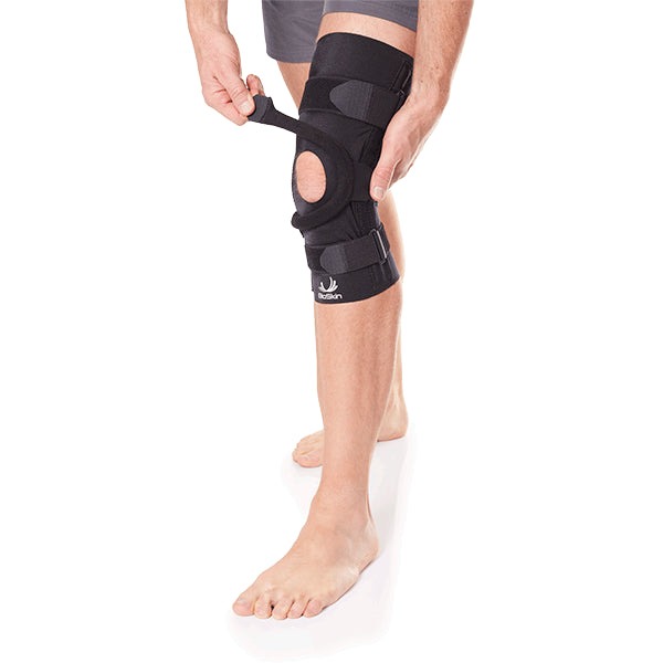 BioSkin Q Brace pull-on patella tracking knee brace in black with dynamic T-strap, size S — view 3