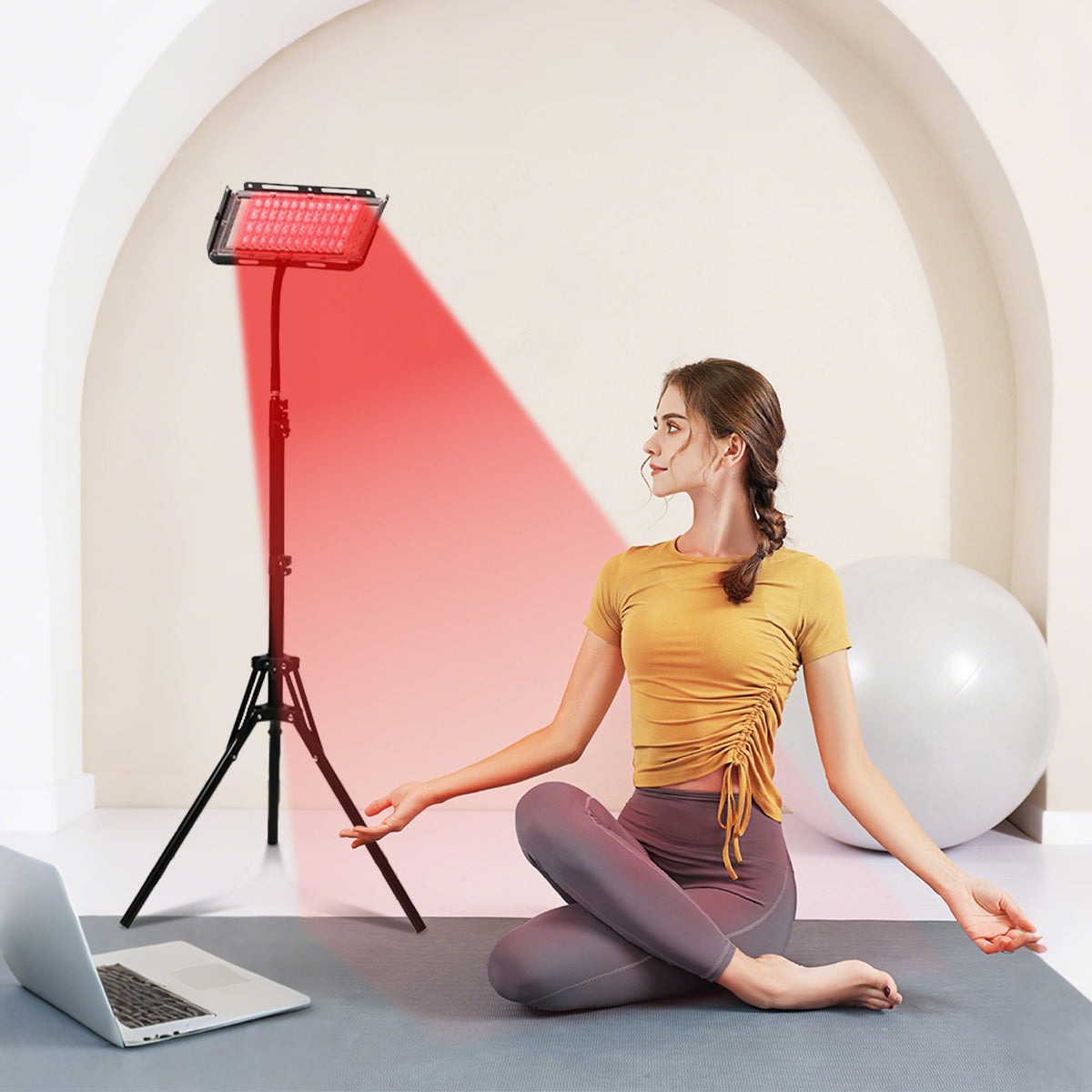 Lumy Health red light therapy lamp panel mounted on an adjustable floor stand — view 2