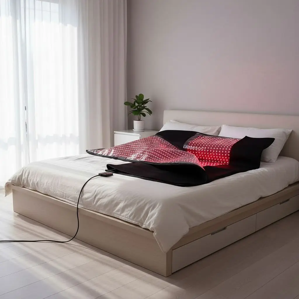 Mvolo red light therapy blanket unfolded, showing the red and near-infrared LED lining inside — view 3
