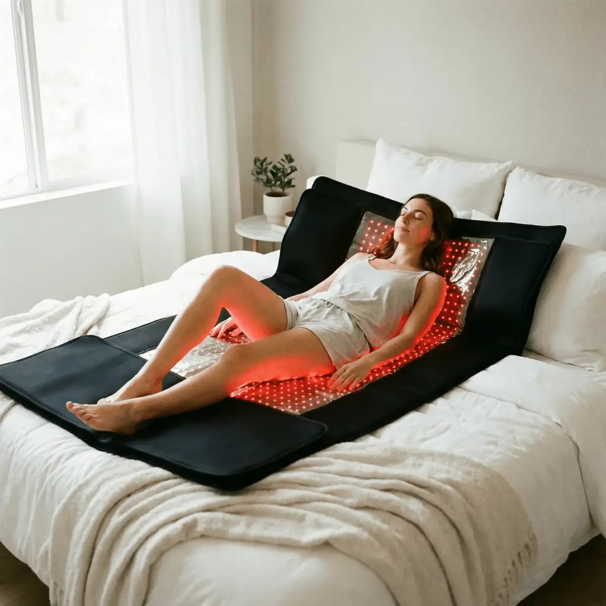 Mvolo red light therapy blanket unfolded, showing the red and near-infrared LED lining inside — view 5