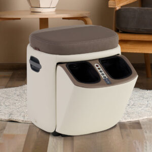 Human Touch Reveal ottoman foot and calf massager with the top panel open showing rollers
