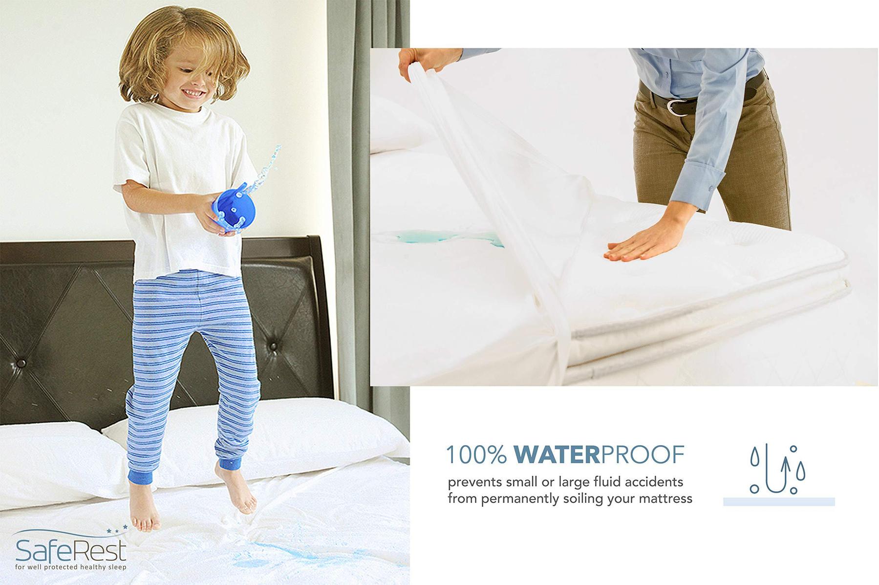 SafeRest protector corner being fitted over a mattress, with a child on the made bed (maker image)