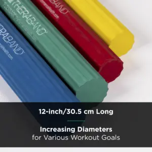 Close-up of TheraBand FlexBar resistance bars in blue, green, red and yellow, showing the ridged 12-inch bars