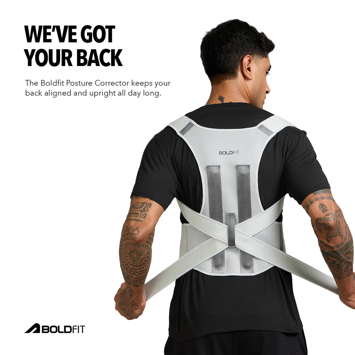 Boldfit unisex posture corrector shoulder brace worn over a grey t-shirt — view 5