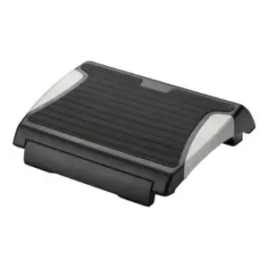 Dataflex Mitch adjustable footrest shown under a desk with angled foot plate
