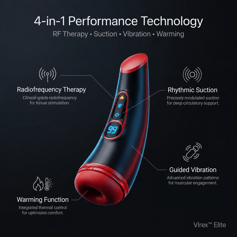 Myoro Virex Elite men's wellness device shown with its heated suction sleeve and control unit — view 2
