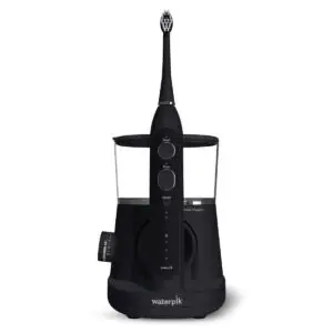 Waterpik Sonic-Fusion 2.0 flossing toothbrush (SF-03) in black on its water reservoir base