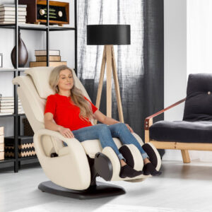 Human Touch WholeBody 5.1 full body massage chair shown reclined with footrest extended